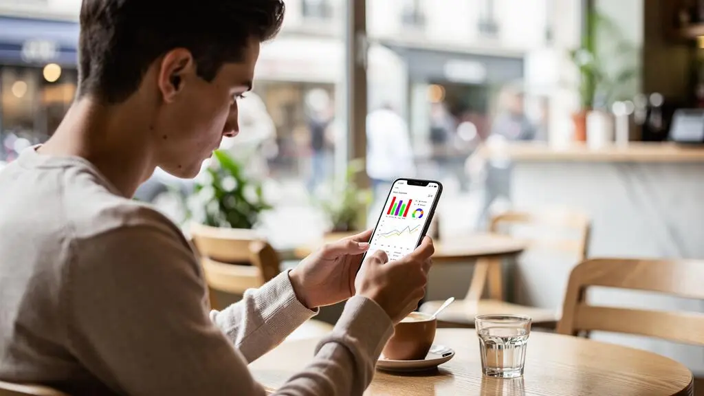 Jeune adulte consultant son application bancaire mobile dans un lieu public quotidien