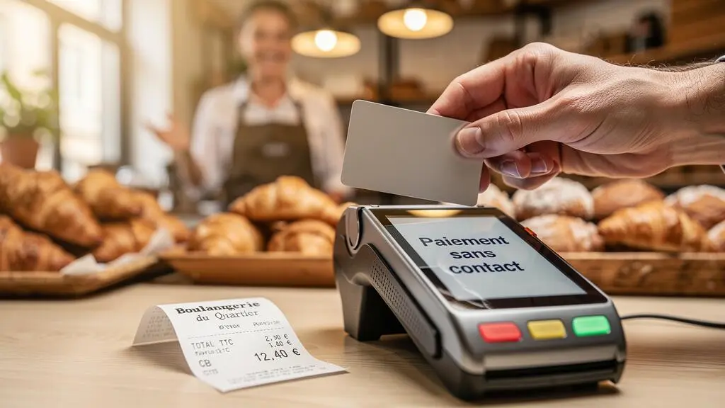 Jeune adulte effectuant un paiement sans contact avec une carte bancaire dans un commerce français