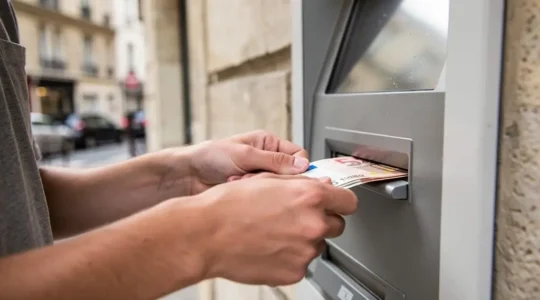 Jeune adulte effectuant un versement d'espèces à un distributeur automatique bancaire en France