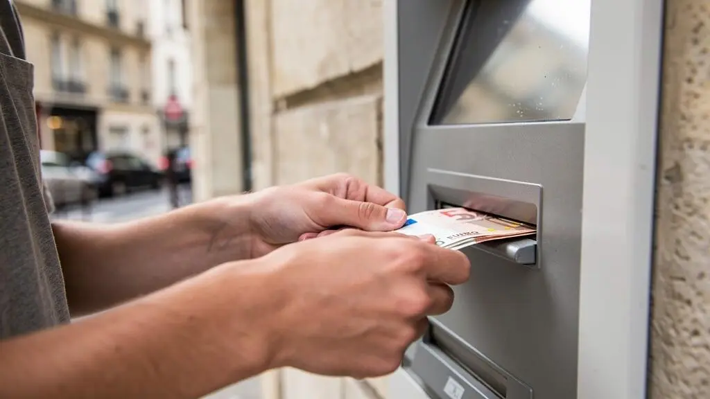 Jeune adulte effectuant un versement d'espèces à un distributeur automatique bancaire en France